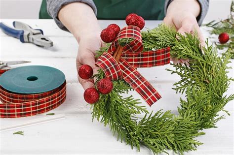 How To Make Traditional Christmas Door Wreath With Thuja Twigs Stock