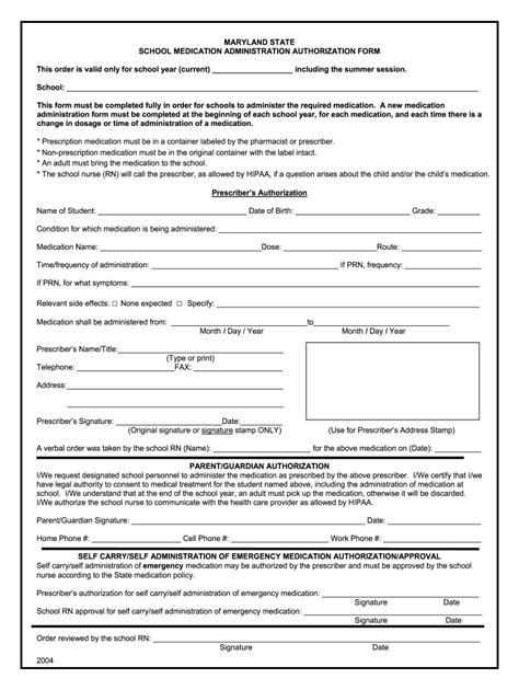 Maryland State School Medication Administration Authorization 2004 2025