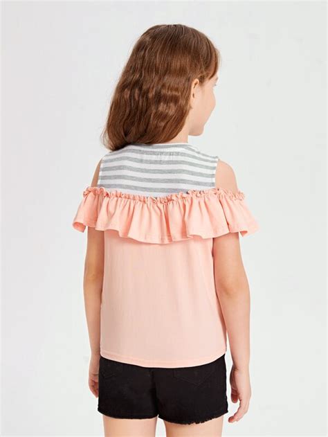 Shein Girls Striped Letter Graphic Ruffle Detail Tee Pink Shop