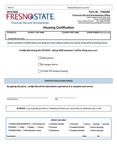 Fillable Online Fresno State Housing Certification Form Fax Email Print