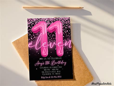 Editable Pink 11th Birthday Invitation Template Glitter Birthday Party