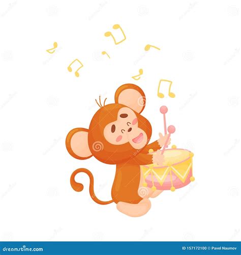 Cartoon Monkey With A Drum Vector Illustration On A White Background