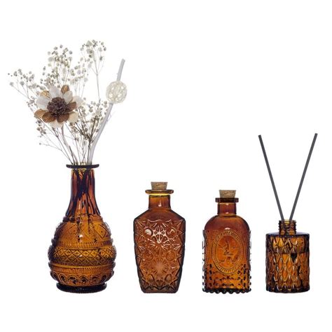 MyGift Vintage Embossed Amber Glass Decorative Reed Diffusers With Cork