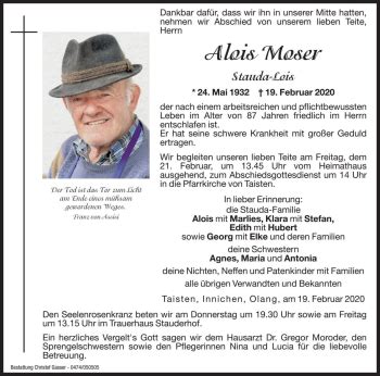 Traueranzeigen Von Alois Moser Trauer Bz