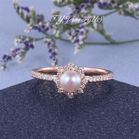 Pearl Engagement Ring Rose Gold Pink Akoya Pearl Ring Women Natural