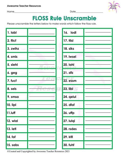 Floss Rule Word Scramble Worksheet Phonics Rules Spelling