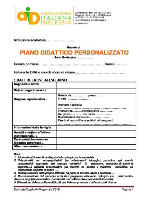 Modello Di Piano Didattico Personalizzato Per La Scuola Primaria Aid