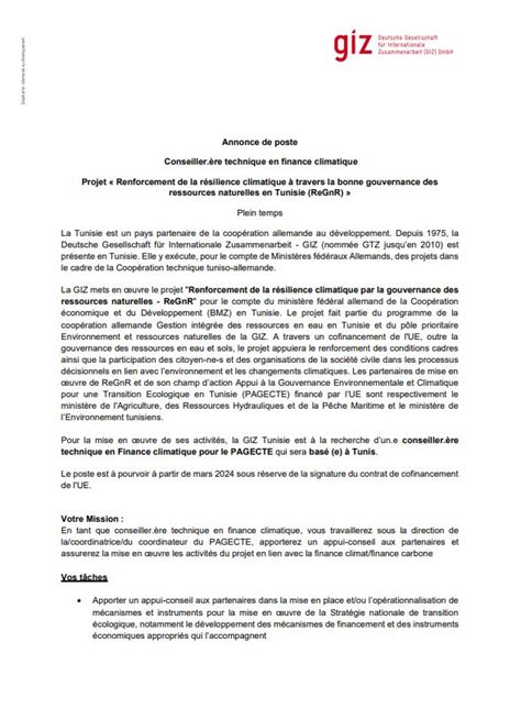 La Giz Tunisie Recherche Un E Conseiller Re Technique En Finance