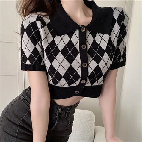 Itgirl Shop Aesthetic Clothing Black White Argyle Pattern Knit Crop