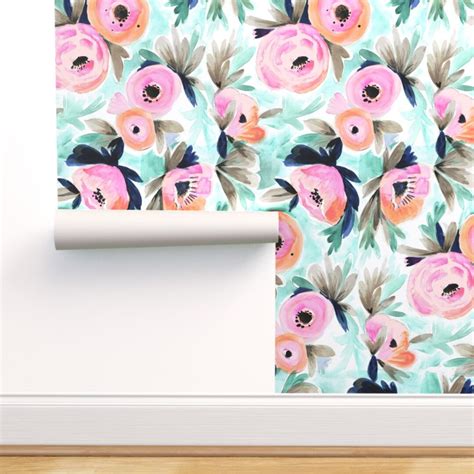 Aqua Pink Floral Commercial Grade Wallpaper Summer Blooms By Crystal