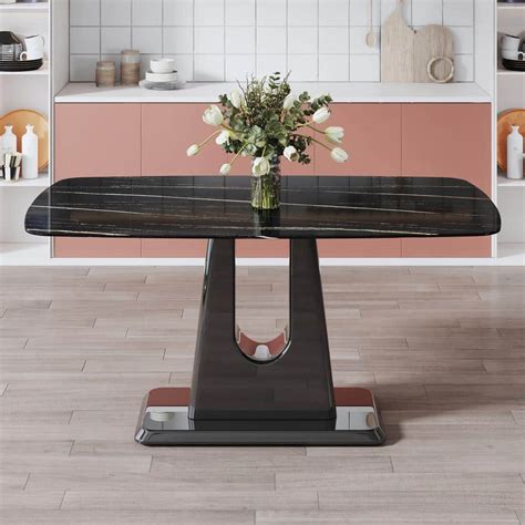 Polibi Modern Rectangle Black Faux Marble Pedestal Dining Table Seats