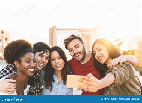 Group Multiracial Friends Taking Selfie With Mobile Smartphone Outdoor