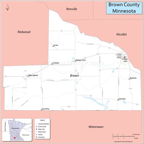 Map of Brown County, Minnesota showing cities, highways & important ...