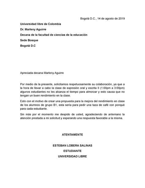 Carta de peticición Bogotá D 14 de agosto de 2019 Universidad libre