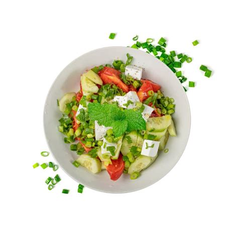 Greek Salad In White Bowl Top View Isolated Fresh Garden Salat Greek