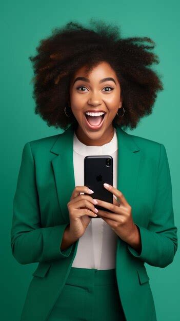 Premium Photo Young African Woman Holds A Phone With A Surprised Face