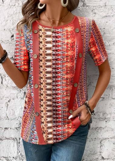 Rotita Patchwork Tribal Print Red Round Neck T Shirt Rotita Usd