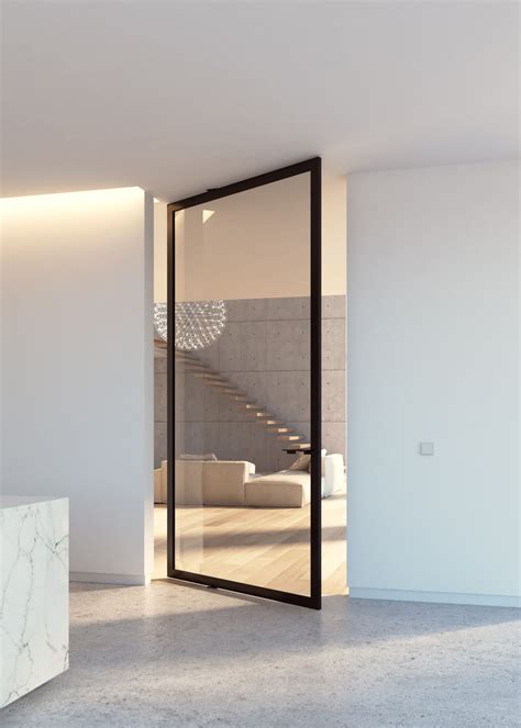 Glass Pivot Door With Offset Axis Pivoting Hinge Steel Look Design