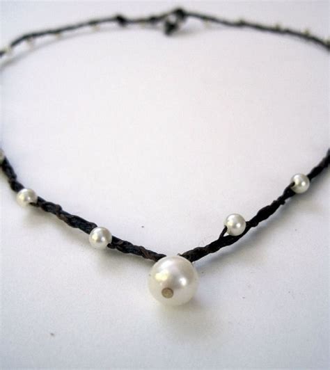 Sale Pearl Irish Waxed Linen Necklace One Real Pearl And Tiny Glass