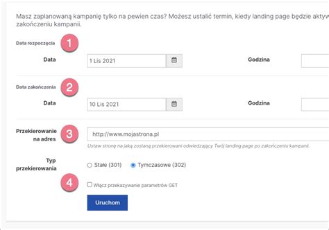 Harmonogram kampanii i przekierowanie po jej zakończeniu Landingi