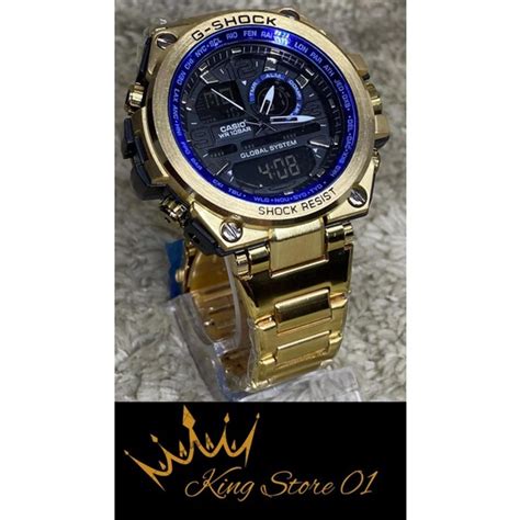 Relógio masculino G Shock Metal Dourado Azul linha Gold Shopee Brasil