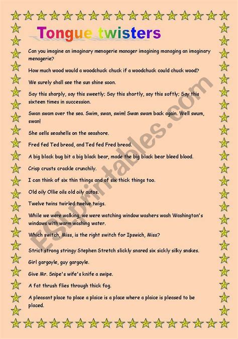 Tongue Twisters Warm Upadditional Exercise Esl Worksheet By Zita84