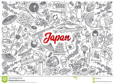 Hand Drawn Japan Doodle Set With Lettering Stock Vector Illustration