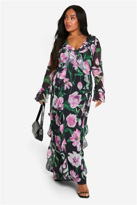 Plus Large Floral Ruffle Maxi Dress Boohoo Uk