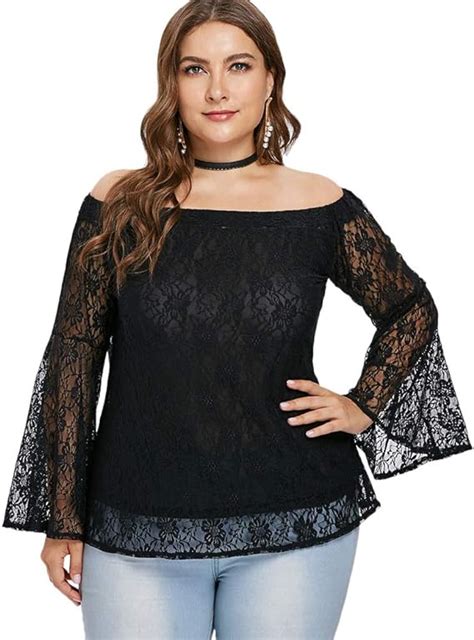 Passosie Blusa Mujer De Encaje Negra Camiseta De Manga Larga Top Suelto Hombro Descubierto Talle