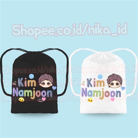 Jual Tas Serut BTS Hitam Putih Kpop Tas String Bag Gendong Gambar Korea