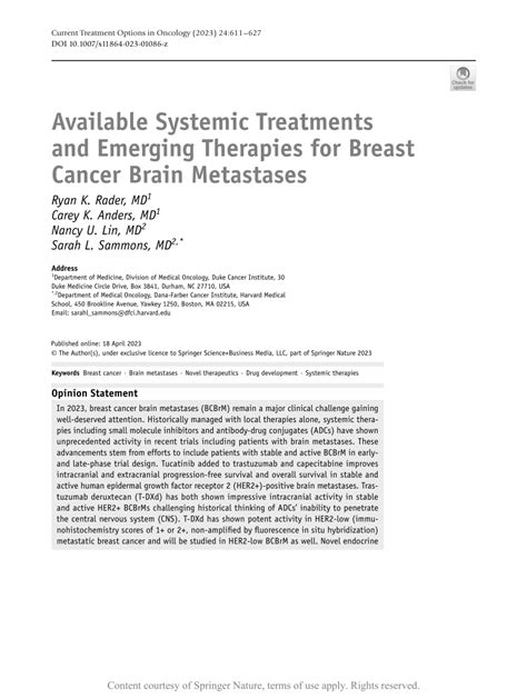 Available Systemic Treatments And Emerging Therapies For Breast Cancer