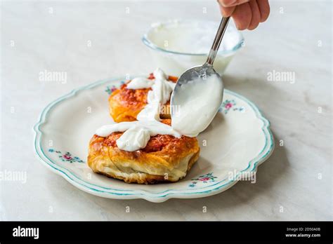 Turkish Traditional Food Borek Manti With Minced Meat Tomato Paste And