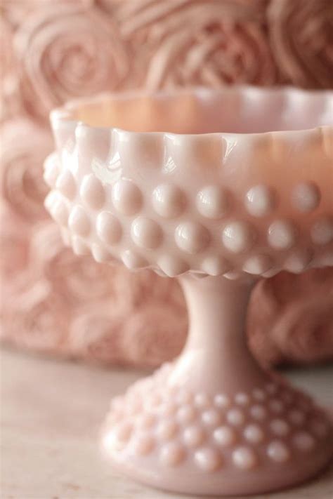 Pink Milk Glass Compote Hobnail Candy Dish Pedestal Footed Bowl Blush Pink Wedding Dessert