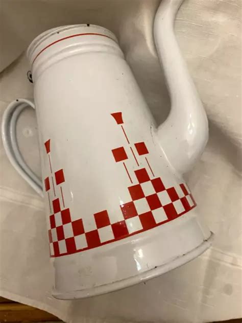 ANCIENNE CAFETIÈRE ÉMAILLÉE blanche carreaux rouges EUR 20 00 PicClick FR