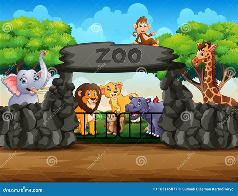 Vista De Entrada De Zoológico Ao Ar Livre Com Diferentes Animais De