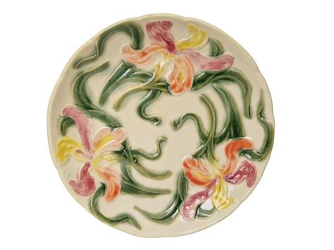 French Antique Majolica Iris Flower And Leaf Plate By Onnaing Art