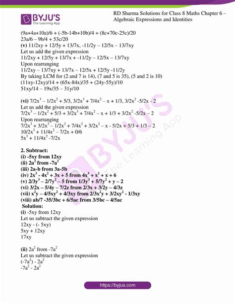 Rd Sharma Solutions For Class Chapter Algebraic Expressions And