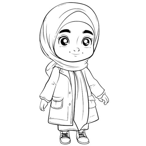 Livre à colorier dessin en noir et blanc d une fille en hijab Vecteur