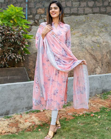 Pink Floral Printed Self Embroidered Kurta With Dupatta Set Of Two By