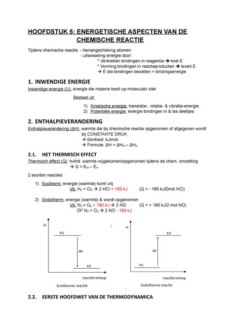 Hoofdstuk 5 Energetische Aspecten Van De Chemische Reactie Algemene