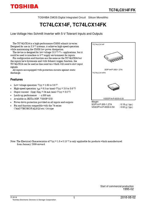 TC74LCX14F Datasheet Low Voltage Hex Schmitt Inverter