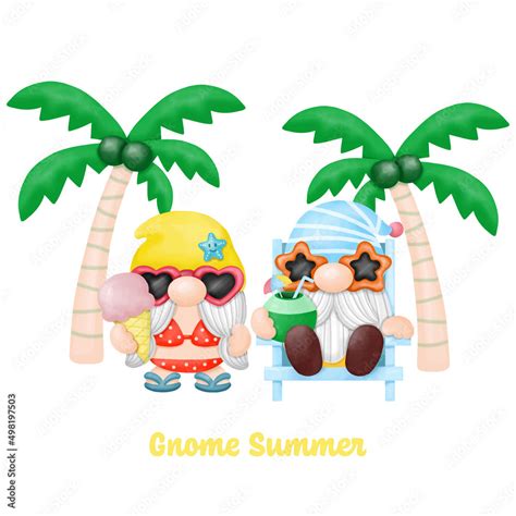 Watercolor Gnomes Summer Beach Clipart Png Digital Painting Stock