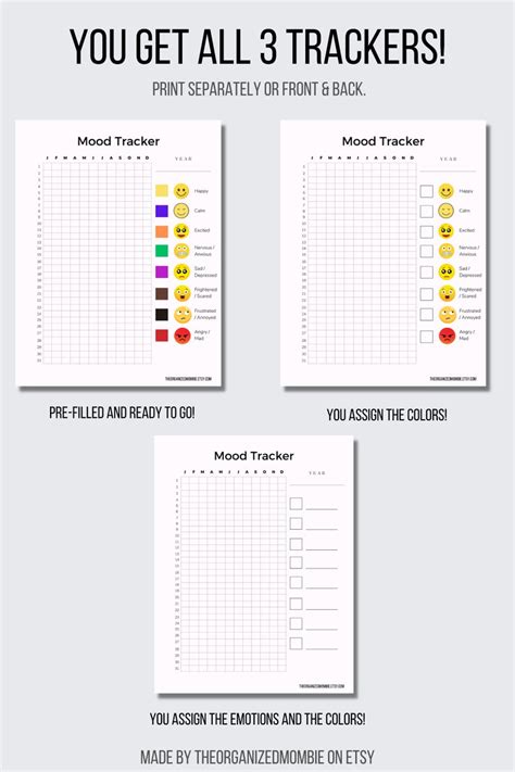 Mood Tracker Printable Emotions Tracker Feelings Chart Depression Tracker Yearly Monthly Mood