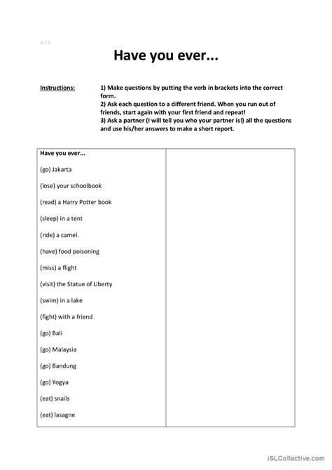 Have You Ever English Esl Worksheets Pdf Doc