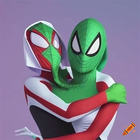 Two Women Friends In A Unique Two Headed Spider Gwen Costume Hugging At