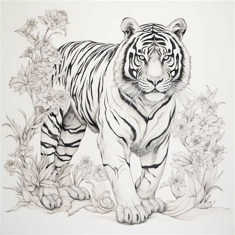 Premium Photo There Is A Drawing Of A Tiger Walking Through A Field