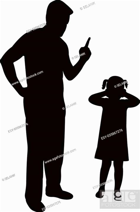 Angry Father Scolding His Daughter Pointing Finger Silhouette Vector