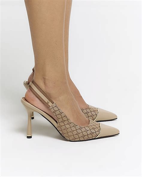 Beige Monogram Sling Back Heeled Court Shoes River Island