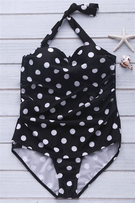 2018 Chic Halter Polka Dot Ruffled One Piece Womens Swimwear In Black