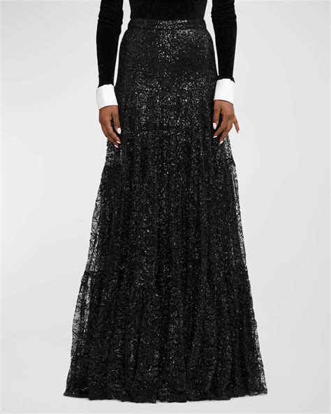 Ralph Lauren Collection Sutton Sequin Tiered Lace Overlay Maxi Skirt